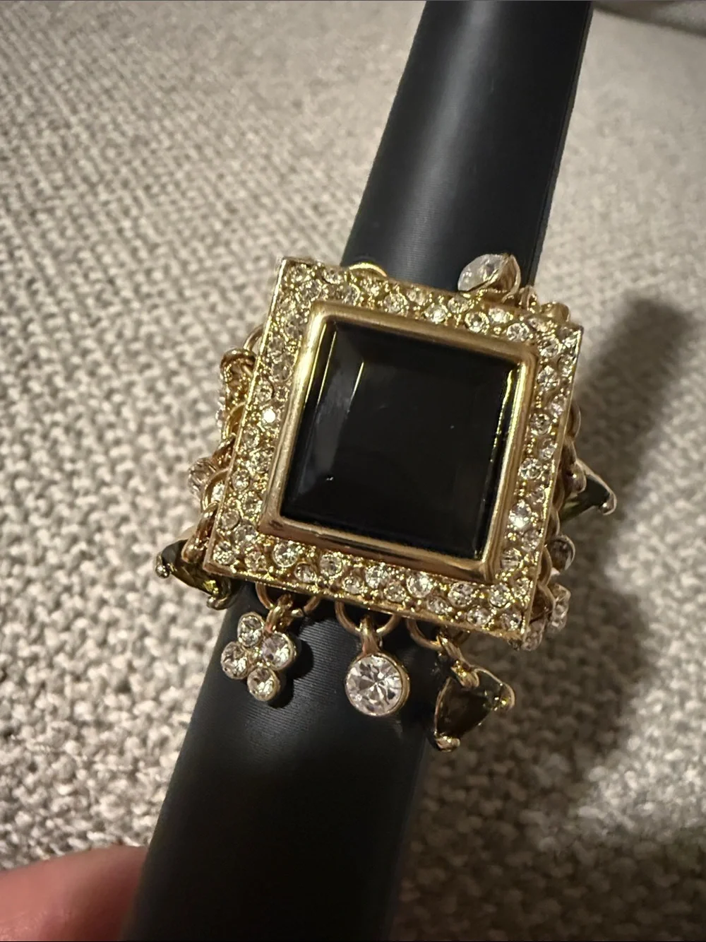 Gold-Tone Black Stone Square Charm Ring 9.5